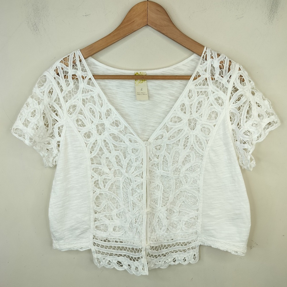Anthropologie Lace Crop Cardigan Top Large Short Sleeve White Cotton Slub